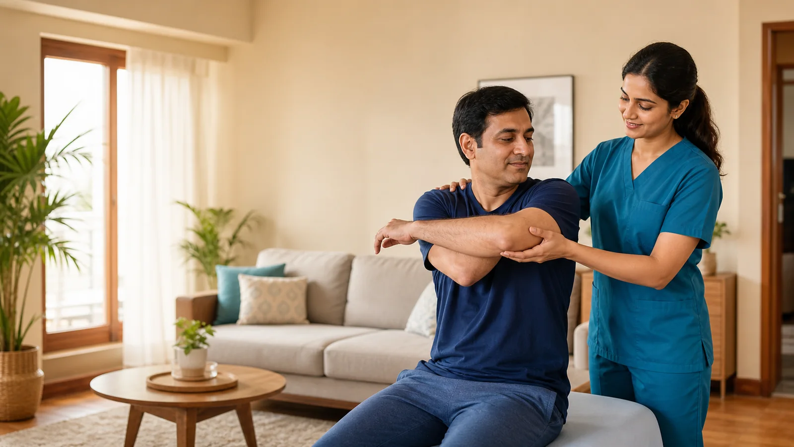 A physiotherapist guiding a patient through a shoulder mobility exercise at home
